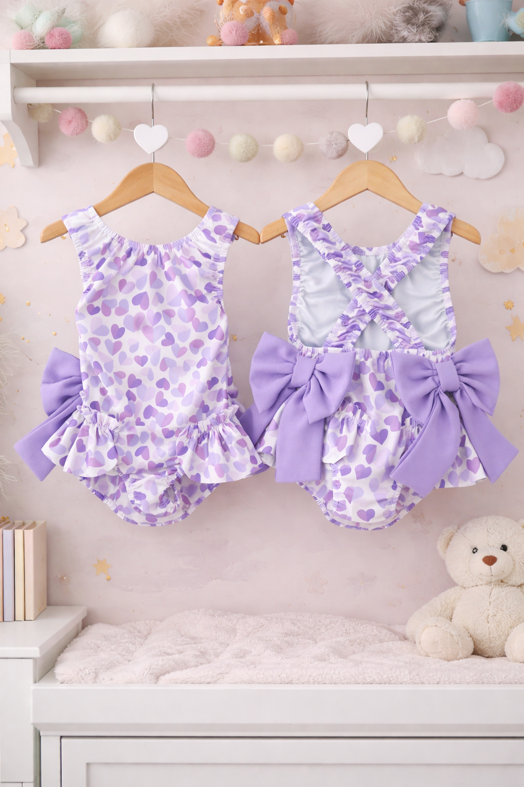 Lilac Heart Print Inspired Print Swimsuit with Bows