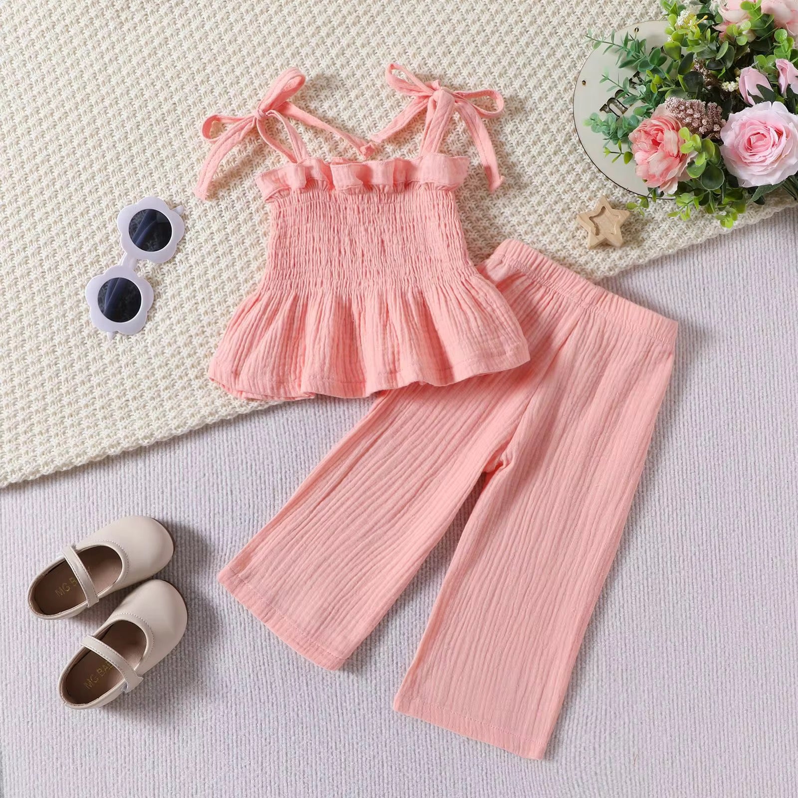 Girl's Summer Casual Style Sling Top Straight-leg Trousers Girls Solid Color Suit