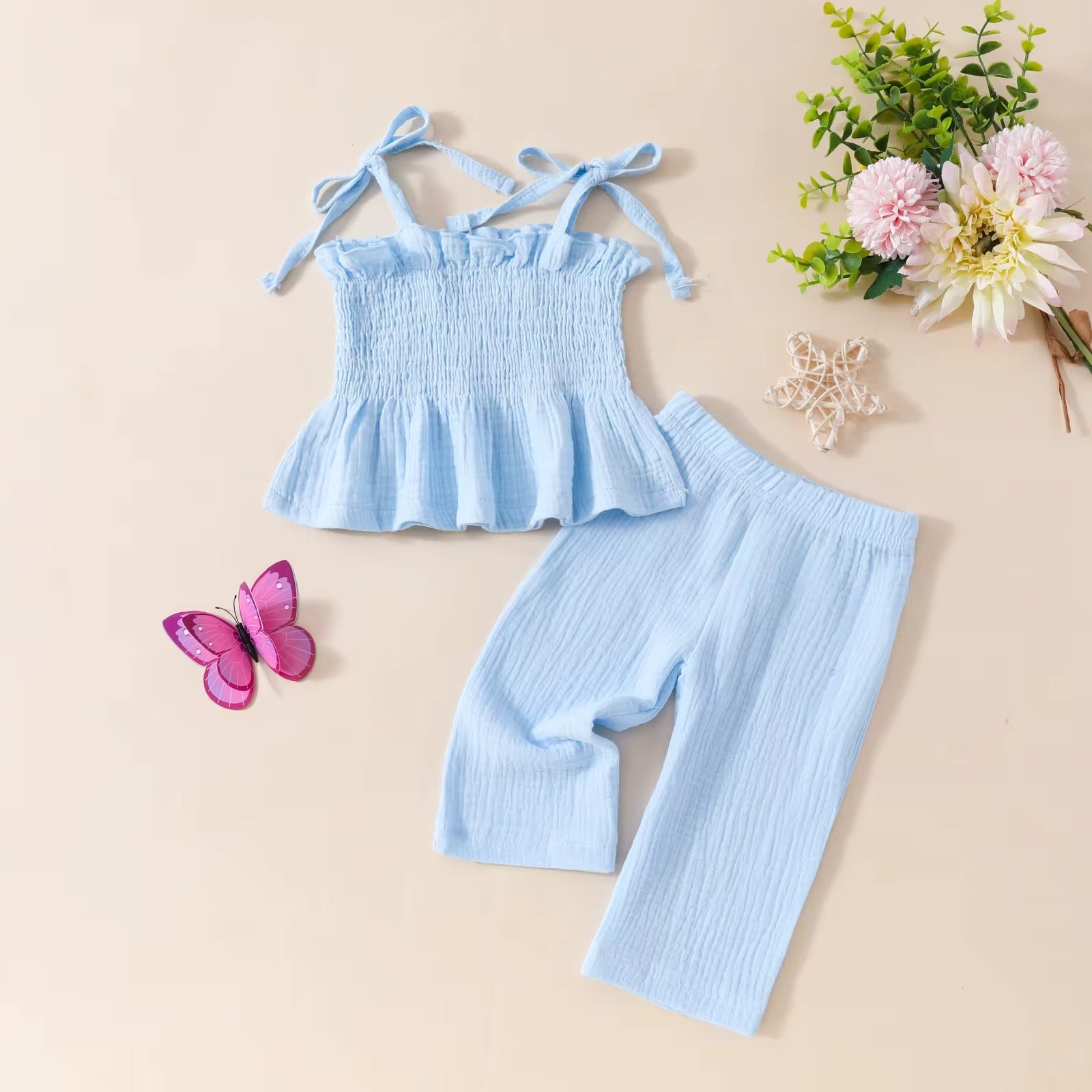 Girl's Summer Casual Style Sling Top Straight-leg Trousers Girls Solid Color Suit