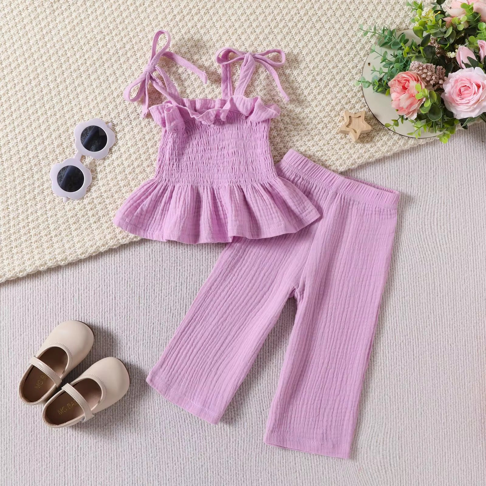 Girl's Summer Casual Style Sling Top Straight-leg Trousers Girls Solid Color Suit
