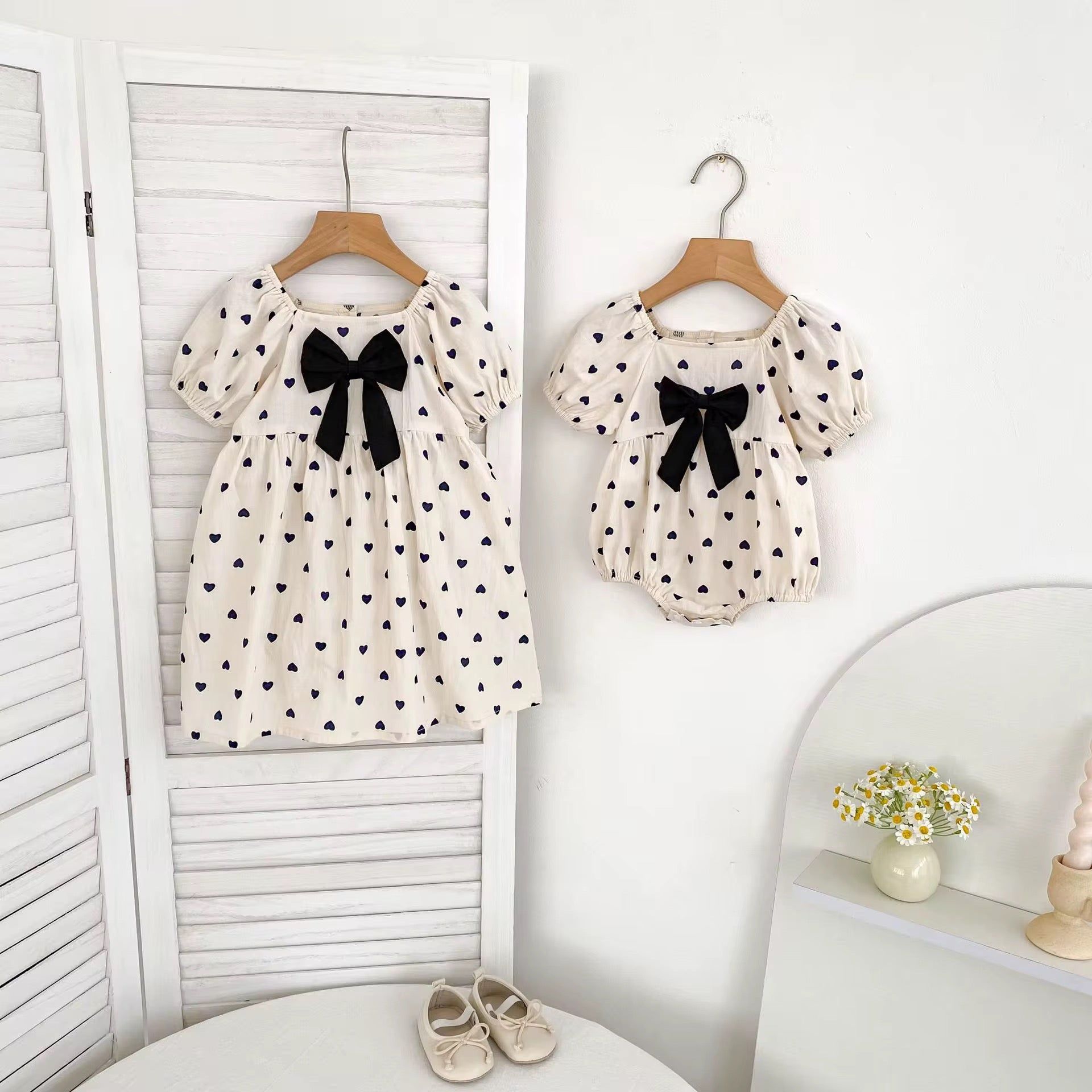 Girl's Polka Dot Puff Sleeve Baby Clothes Romper Jumpsuit Girl Dress Sister Outfit
