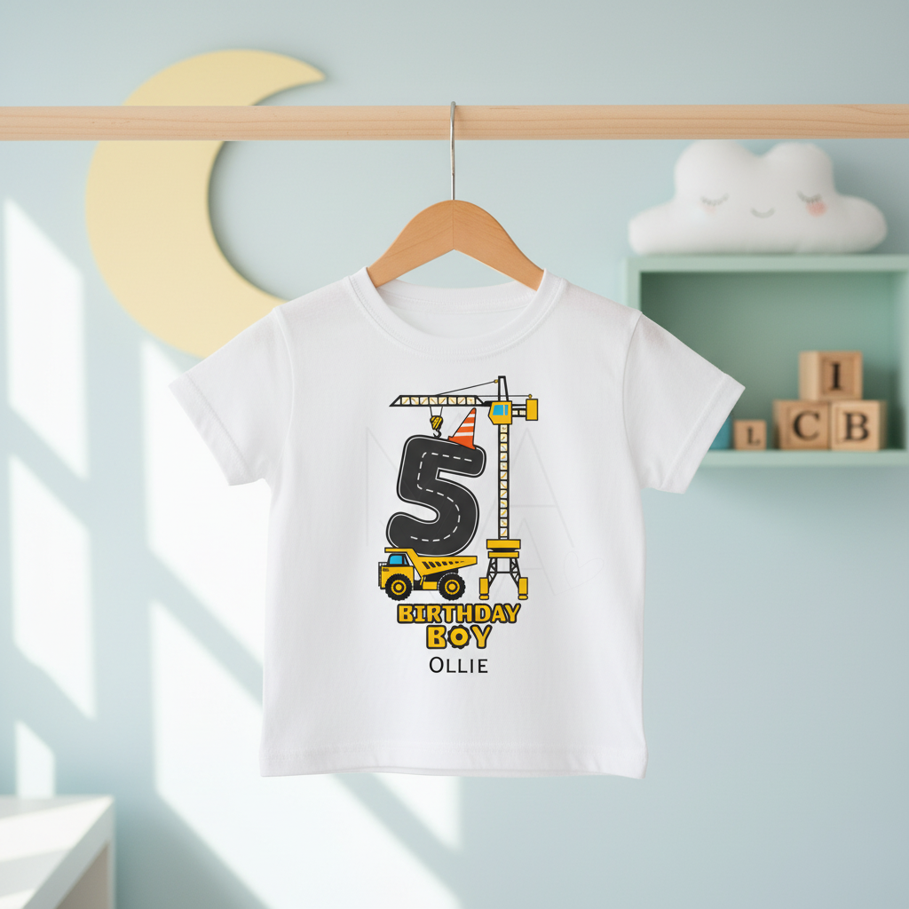 Birthday Boy Ollie construction t-shirt on hanger