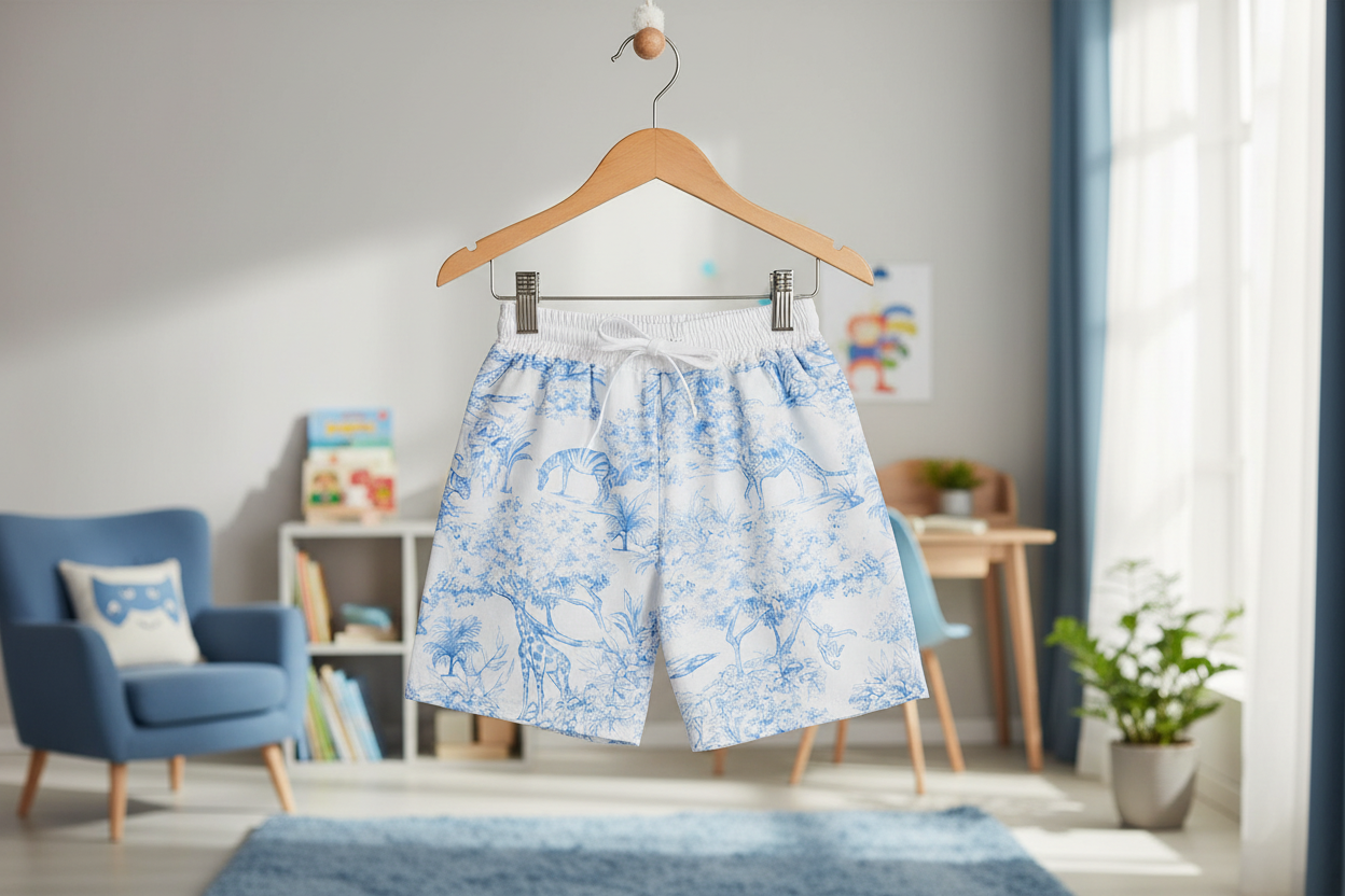 Blue safari print shorts on hanger in boys bedroom