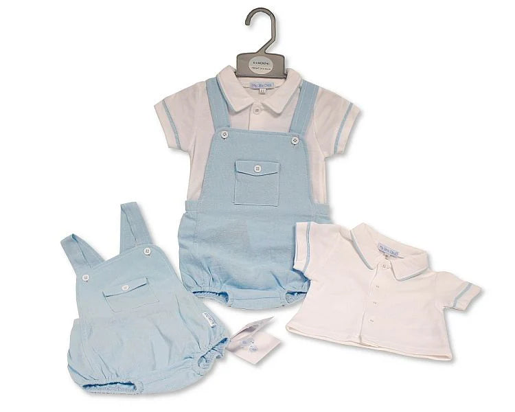 Two baby boys' 2pcs Dungaree Sets with Pocket are shown: one light blue cotton romper with front pocket and white buttons over a white collared shirt, and a similar set featuring a blue romper and short-sleeve white shirt.