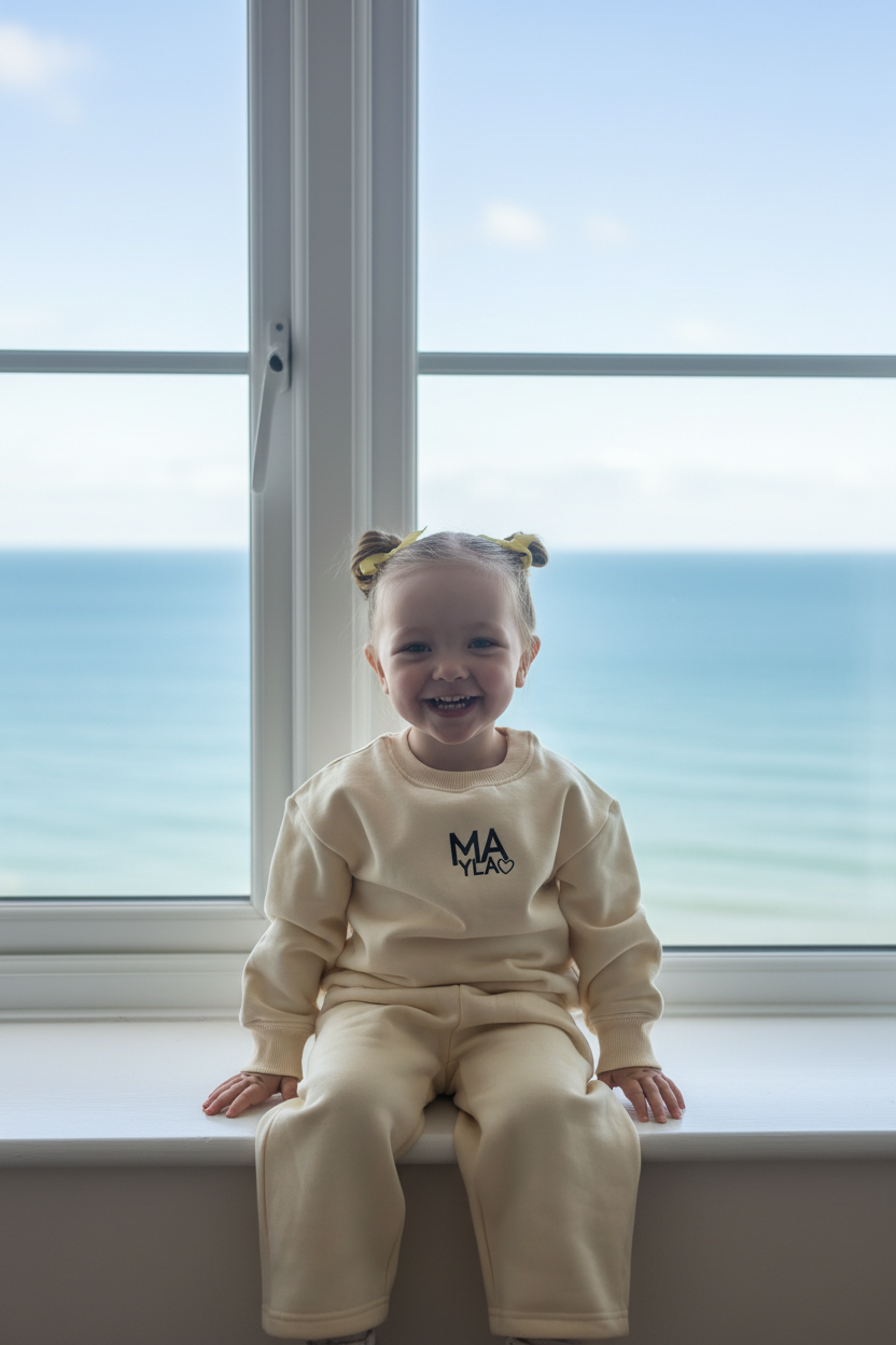 Child in Mayla & Co outfit on window sill with sea view
