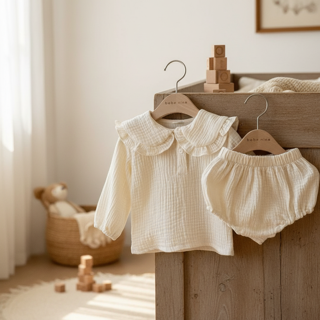 The Girl's Soft Infant Clothes Bread Ruffle-collar Lapel Top Pants Two Piece Set, in cream, is 100% cotton and includes a long-sleeve ruffle-collar top with matching pants, shown hanging on a crib in a softly lit neutral nursery.