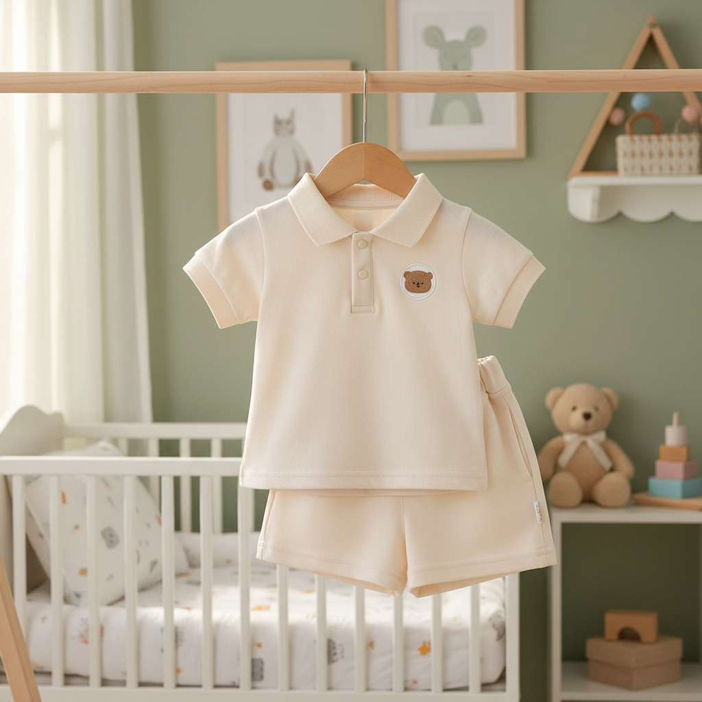 A cream-colored Boy's Polo Shirt Breathable Boy Thin Half Sleeve and shorts set, made of soft polyester cotton, hangs on a wooden hanger in a nursery with a bear patch, crib, plush toys, and pastel wall art in the background.
