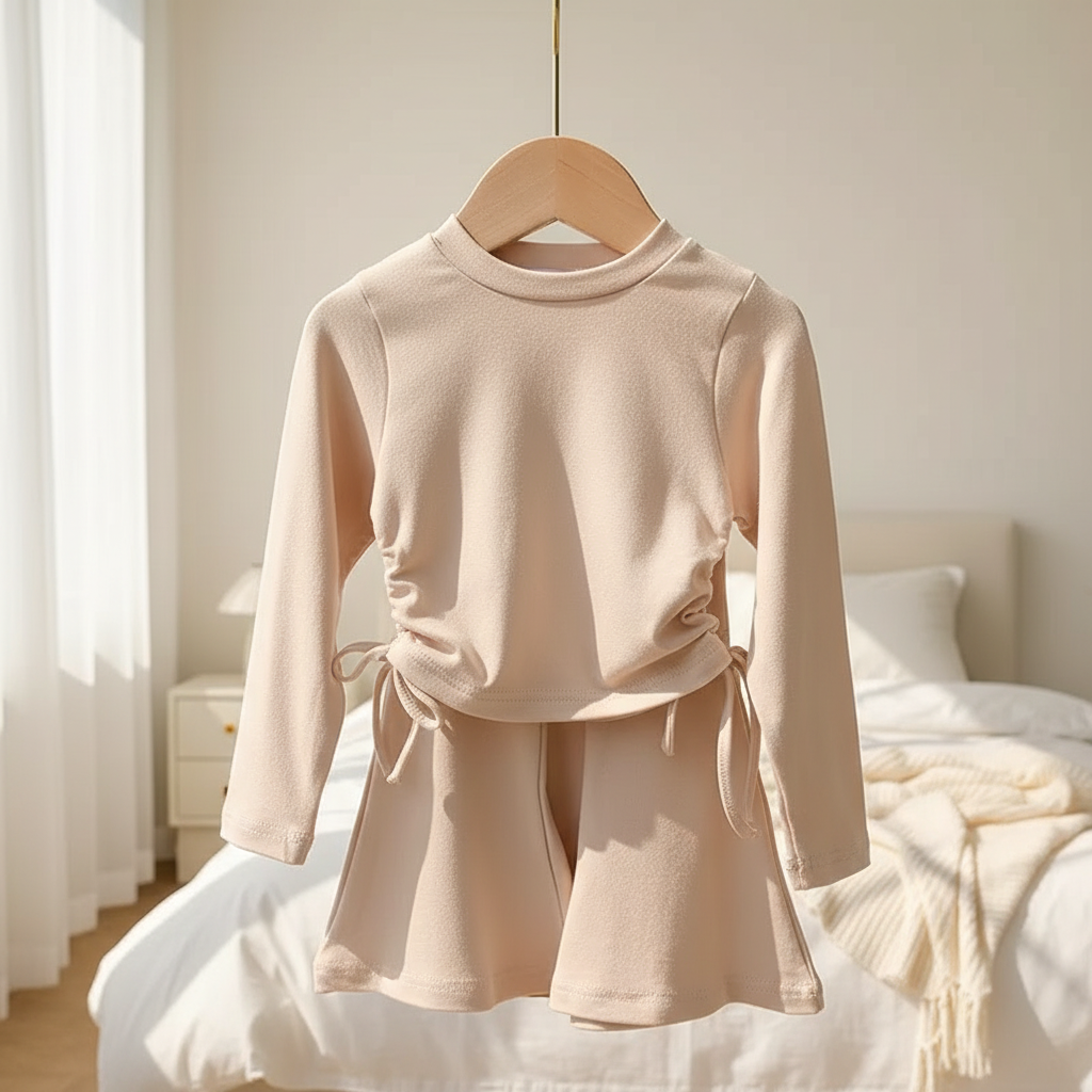 A girl's slim fit bell bottom pants and long sleeved tie-up t-shirt set, both beige and 100% cotton, hang on a wooden hanger in a sunlit bedroom with a neatly made bed in the background.