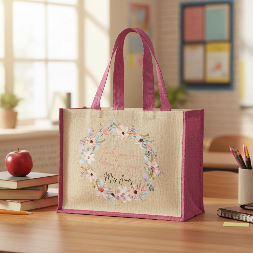 Floral teacher tote bag with clear design