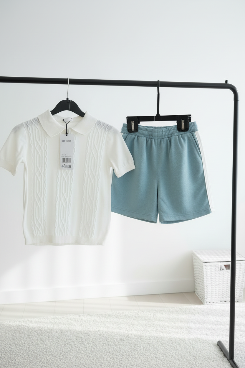 Full white polo and blue shorts on a rail