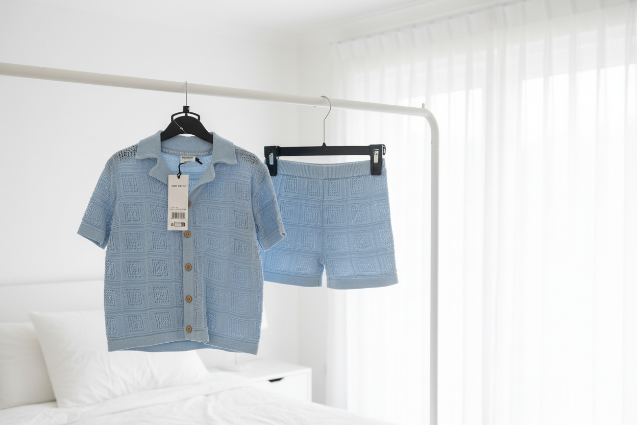 Light blue crochet shirt and shorts on a rail