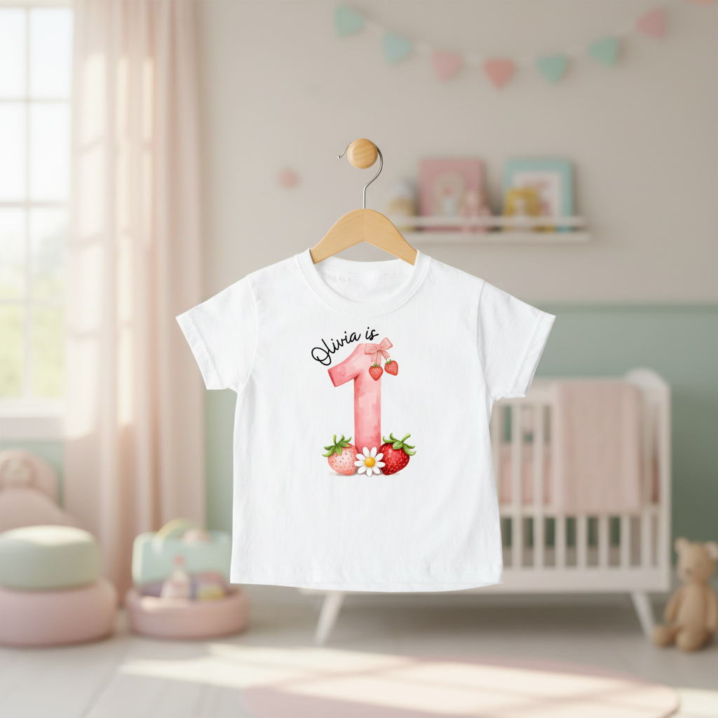 Olivia is 1 strawberry t-shirt on hanger