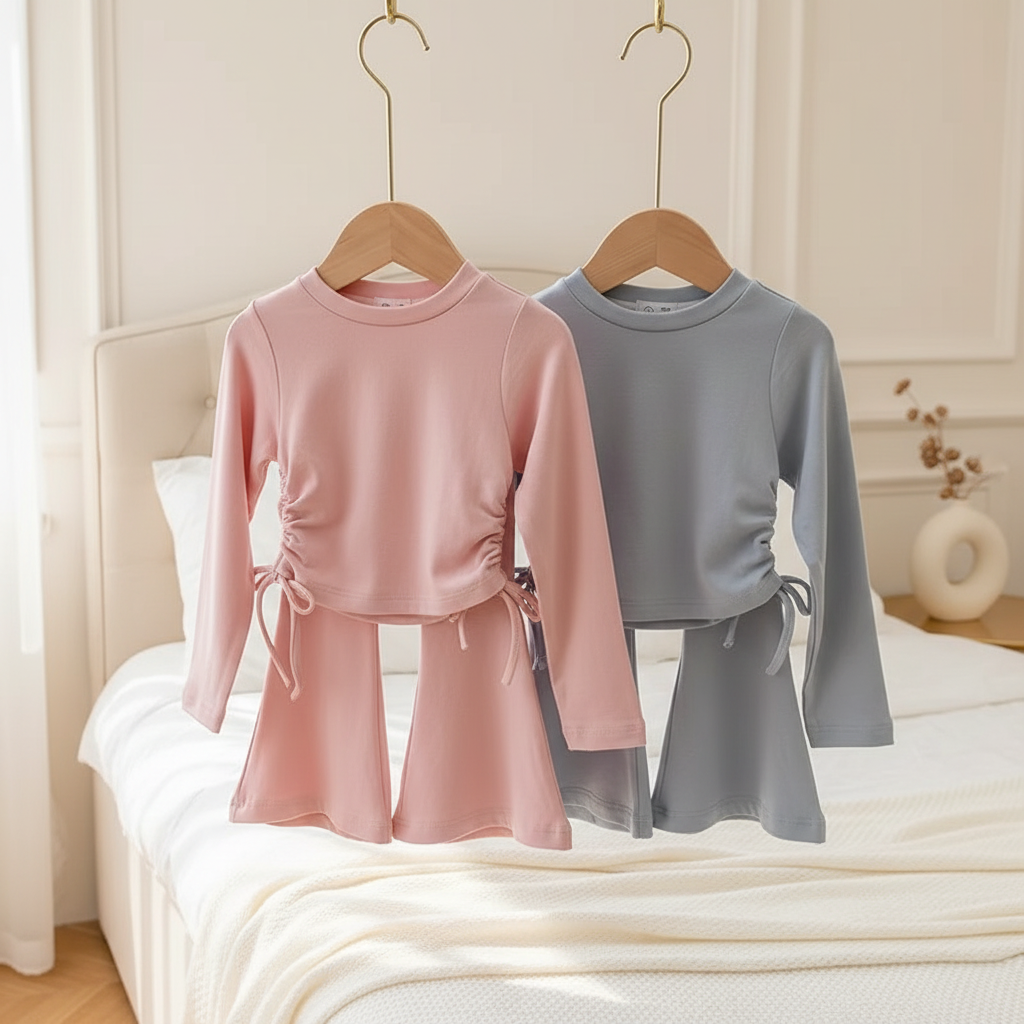 Two Girl's Slim Fit Bell Bottom Pants with Long Sleeved Tie-Up T-Shirts are displayed on hangers in a softly lit bedroom, featuring a neatly made bed and minimalistic decor in the background.
