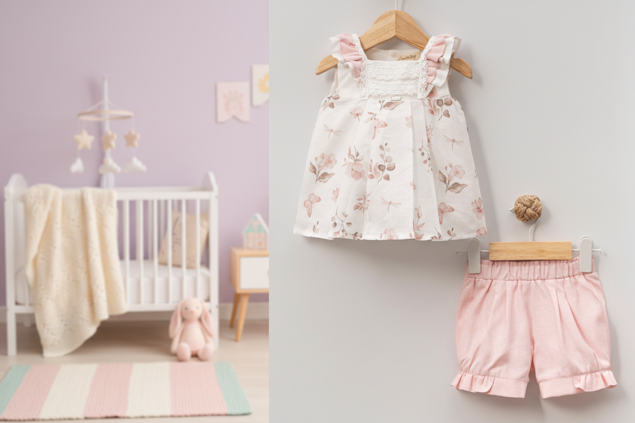 Pink floral outfit set on hangers in nursery