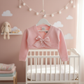 The Knitted Baby Girls Bolero in pink, featuring a large bow, hangs on a hanger by a white crib in a nursery with cloud decals, string lights, and a plush bunny—ideal for layering during summer.