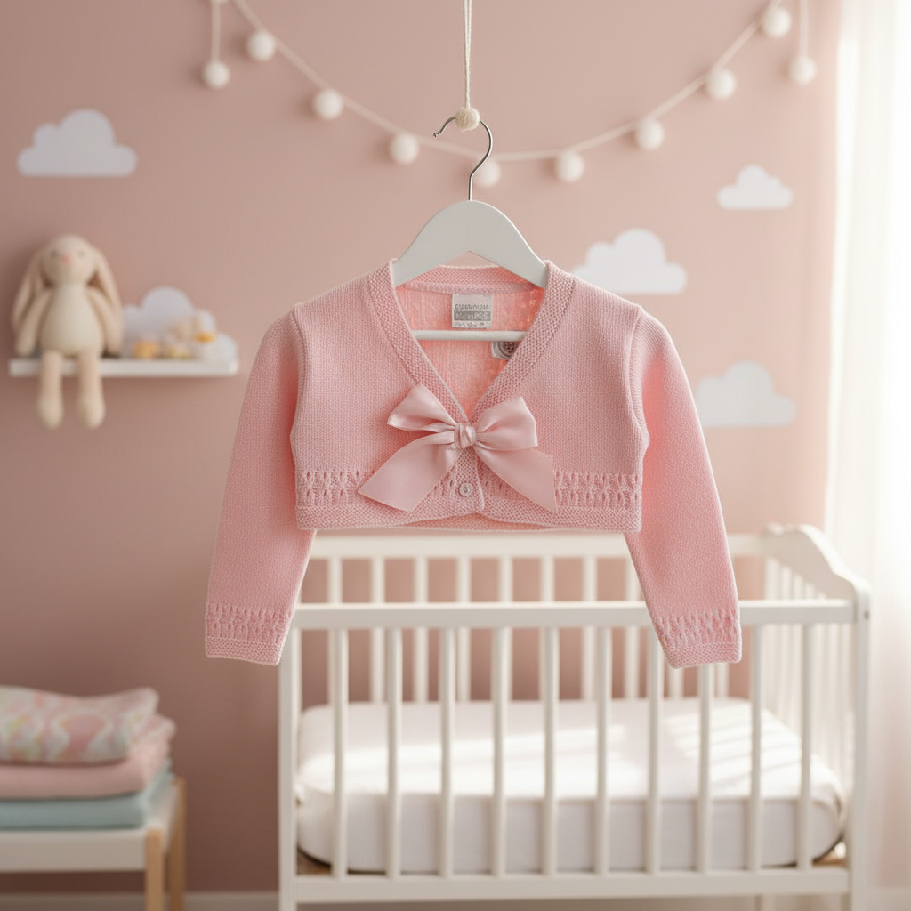 The Knitted Baby Girls Bolero in pink, featuring a large bow, hangs on a hanger by a white crib in a nursery with cloud decals, string lights, and a plush bunny—ideal for layering during summer.