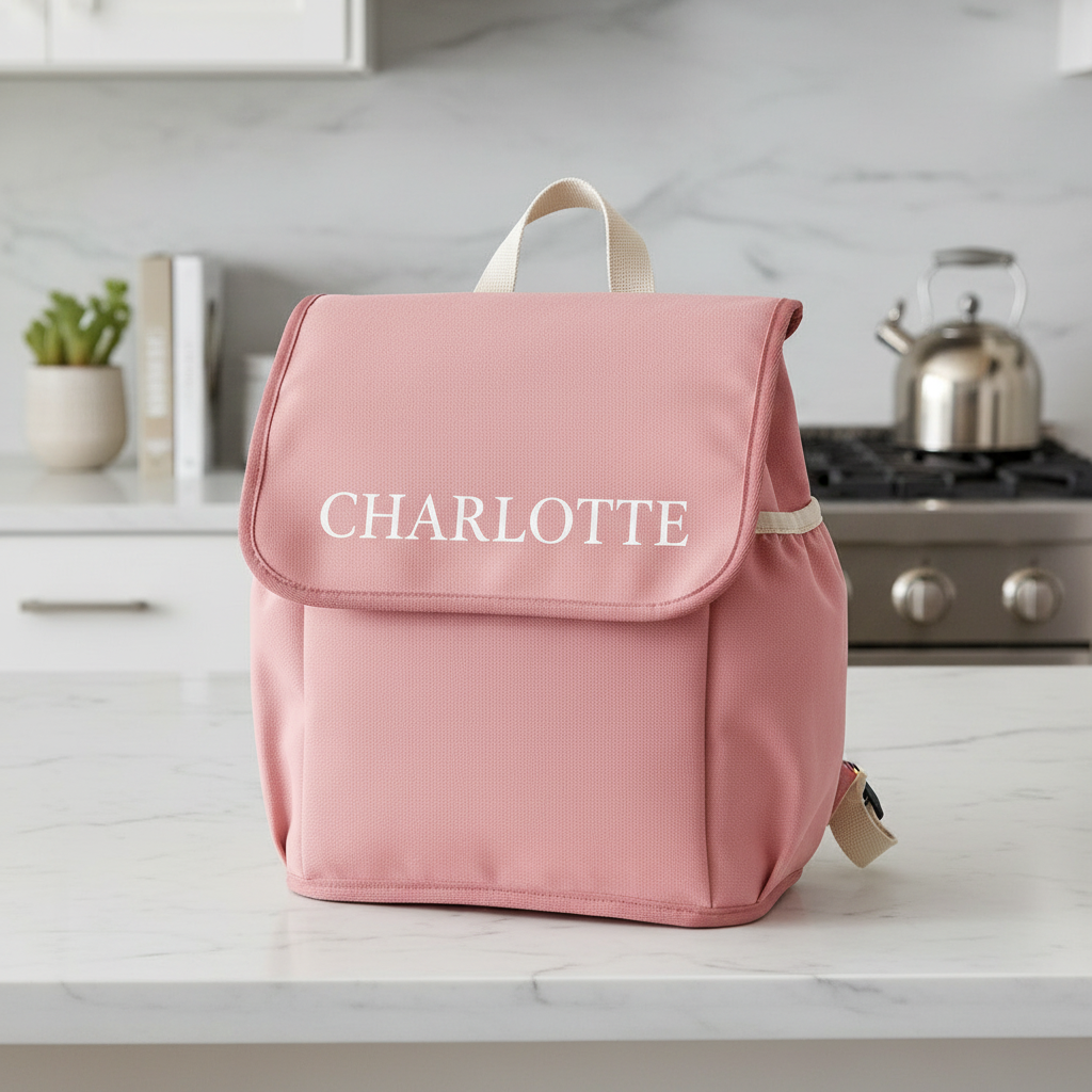 Rose Pink Backpack with Charlotte - White Printed