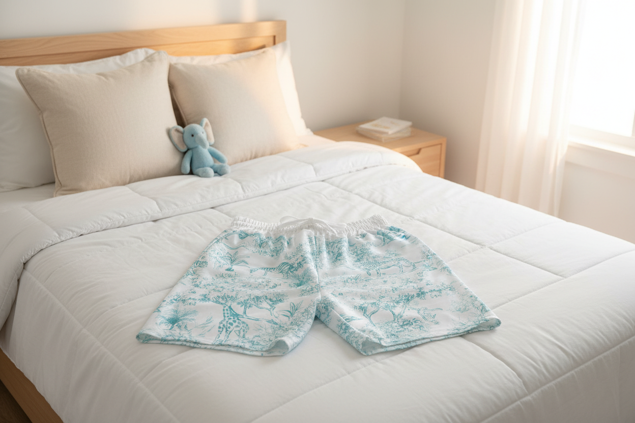 Safari print shorts laying on bed