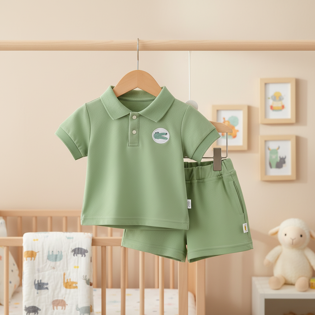 A light green Boy's Polo Shirt Breathable Boy Thin Half Sleeve with matching shorts hangs on a wooden hanger in a nursery featuring a crib, stuffed lamb, and framed animal art.