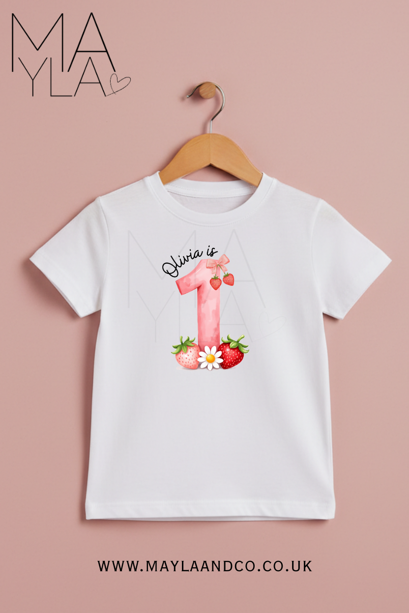 Personalised Age 1-10 Strawberry numbered birthday T-shirt