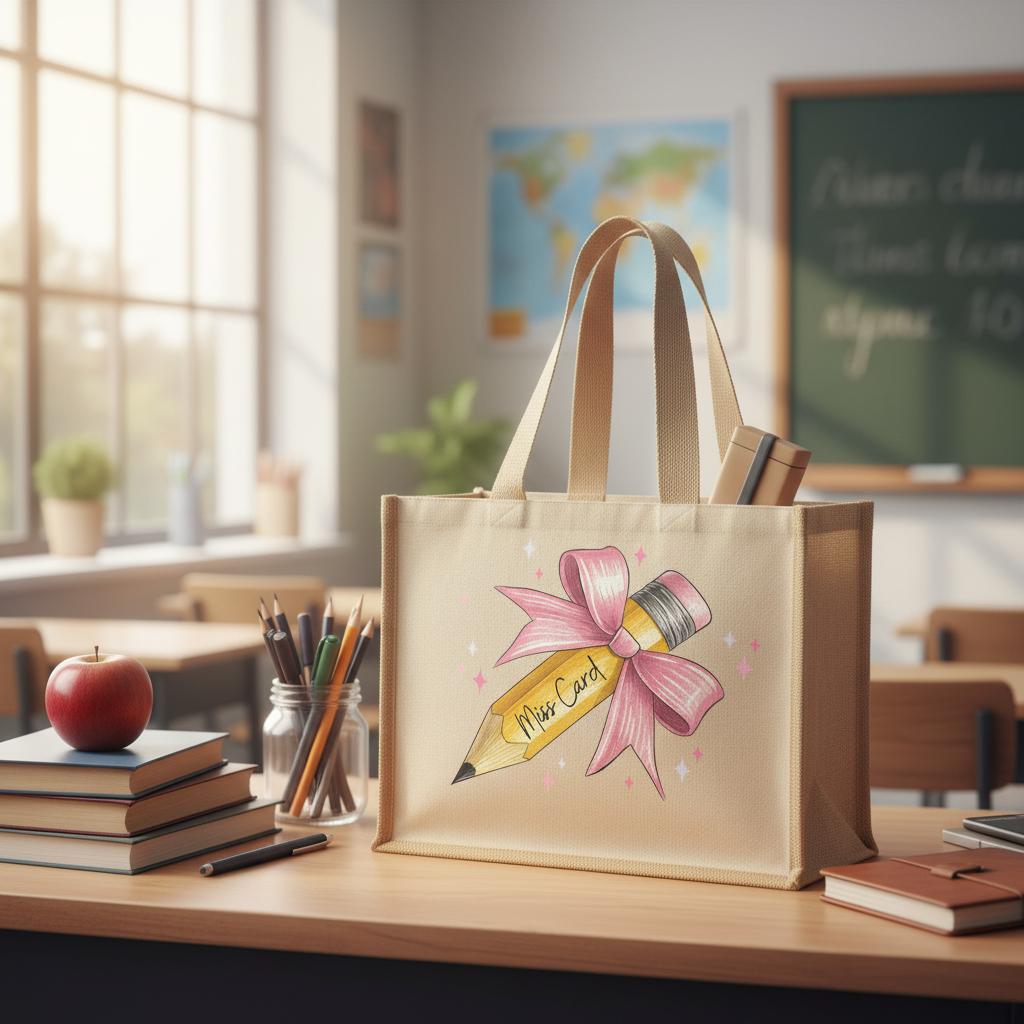 Teacher tote bag on classroom desk