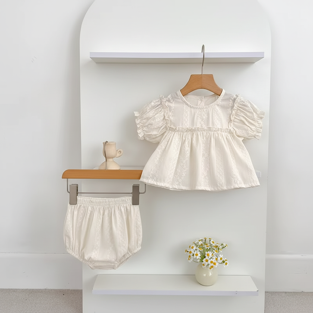 Baby Girl's Suit with Plaid Pattern Puff Sleeve Doll Top and Triangle Bag Butt Pants