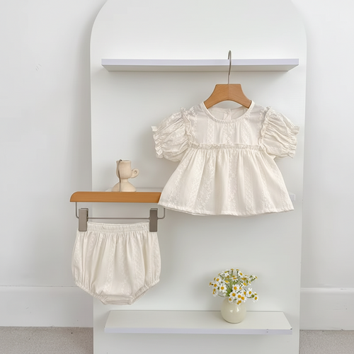 Baby Girl's Suit with Plaid Pattern Puff Sleeve Doll Top and Triangle Bag Butt Pants